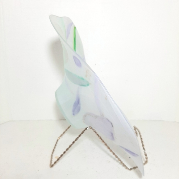 Handpainted Satin Abstract Glass Art Consle Bowl with Green and Purple Accents - Picture 3 of 6